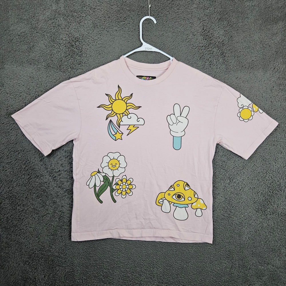 American‎ Garage Pink Graphic T-Shirt Mushroom Sun Peace Sign Small